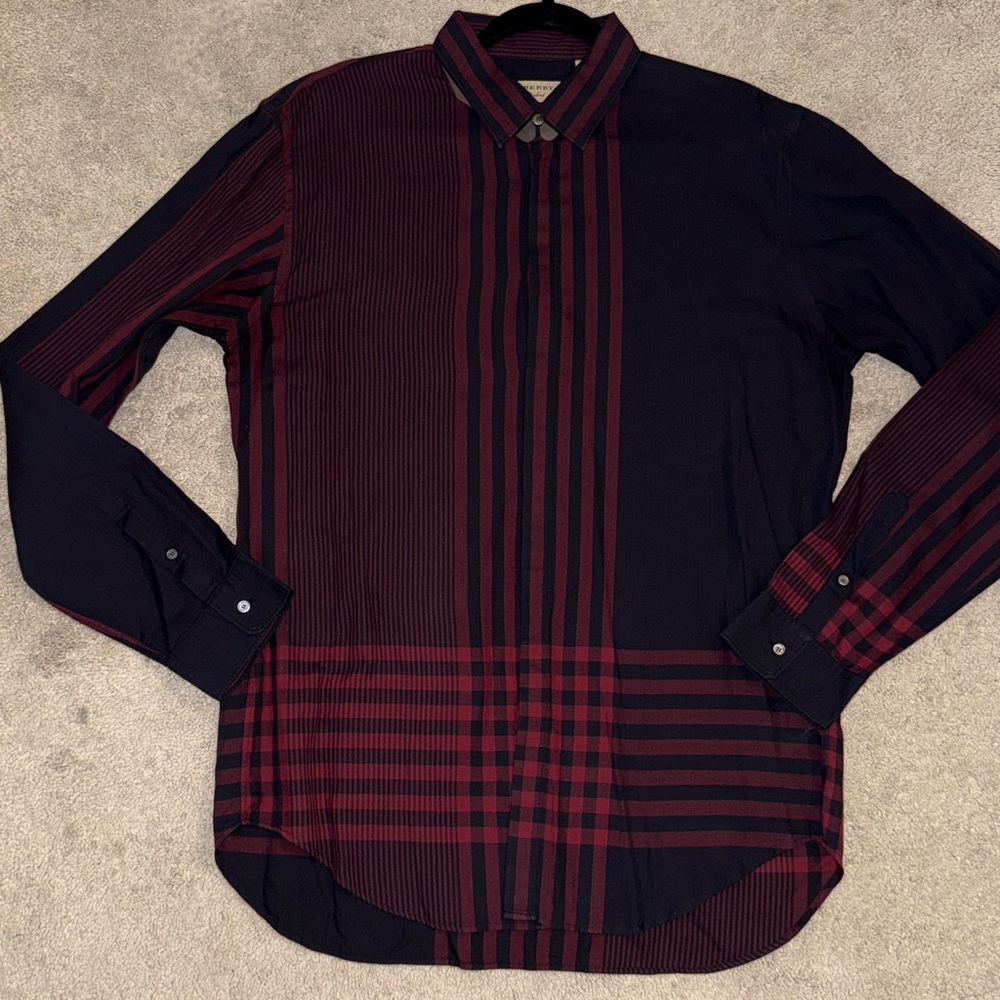 Burberry Men’s Black and Burgundy Red Striped Long Sleeve Button Down Shirt